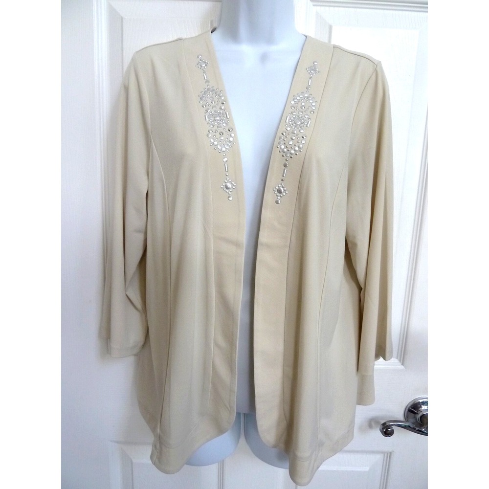 Susan Graver Women Large Beige Beaded Open Front Cardigan Career 3/4 Sleeve L